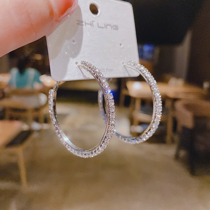 S925 silver needle super shiny large hoop earrings claw chain rhinestone ear studs for round face