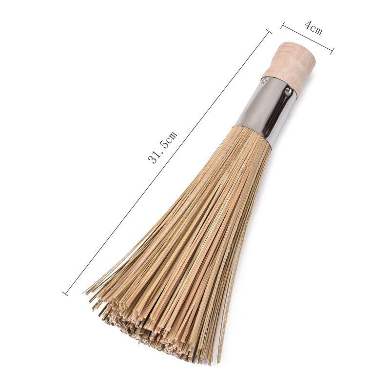 Wooden handle cleaning brush, commercial old-style stove brush, long-handled kitchen pot scrubber, hotel restaurant slanted bamboo pot brush