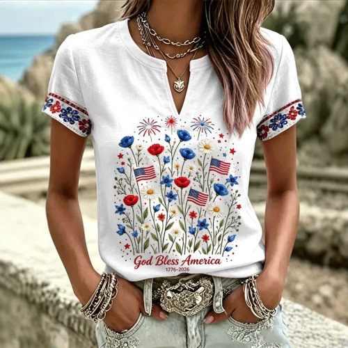 2026 New Summer American Flag Print V-Neck Short Sleeve T-Shirt Women Loose Casual Top