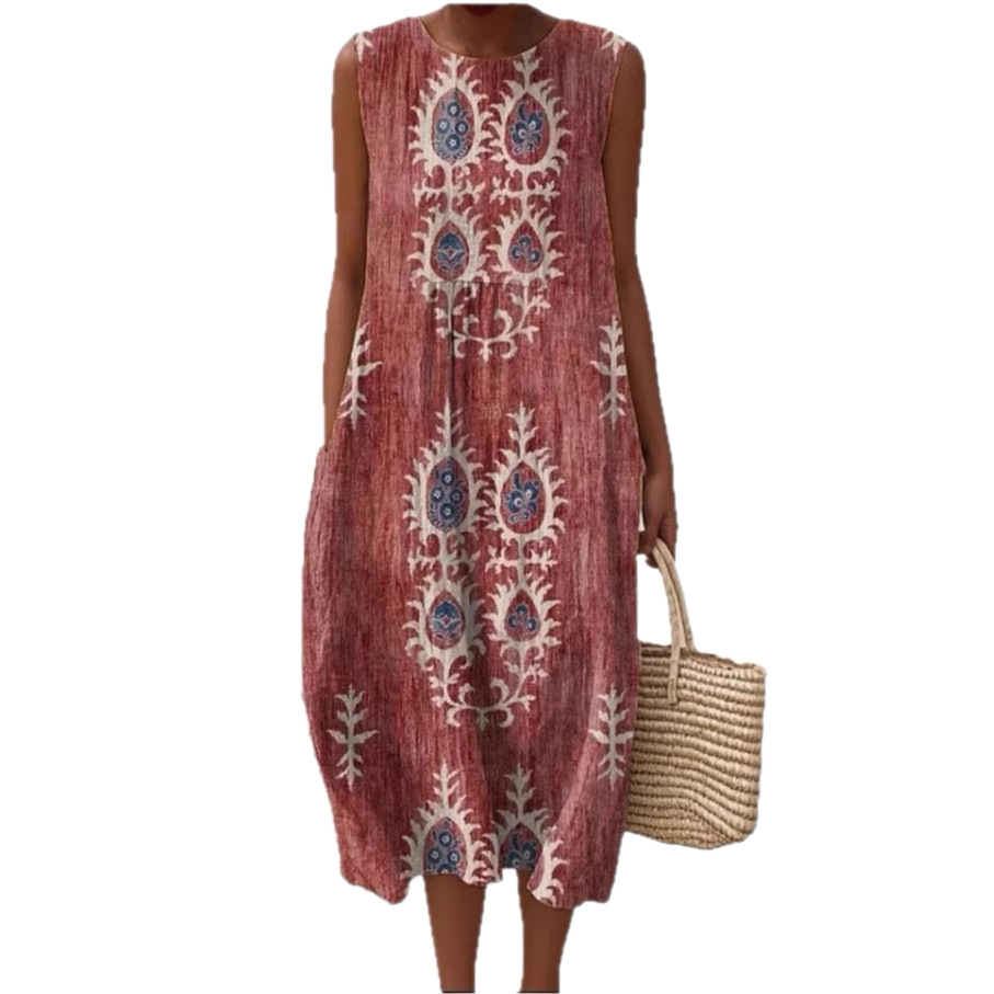 New Amazon Summer Sleeveless Pocket Casual Printed Long Dress Slim Fresh Style