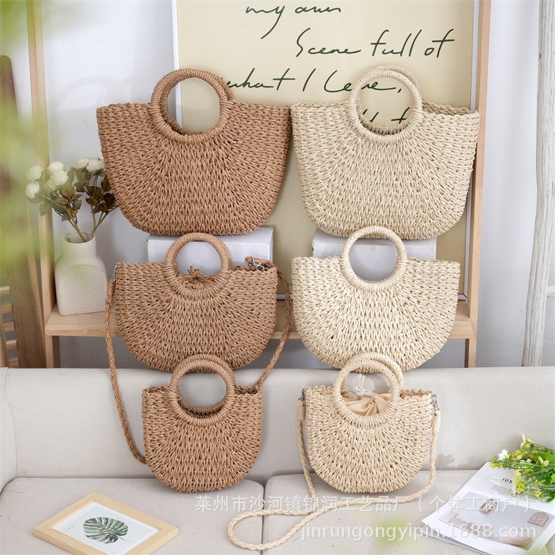 Small round bucket paper rope half-round bucket handbag, women's woven bag, beach bag, straw bag, vacation bag, straw woven bag, basket bag