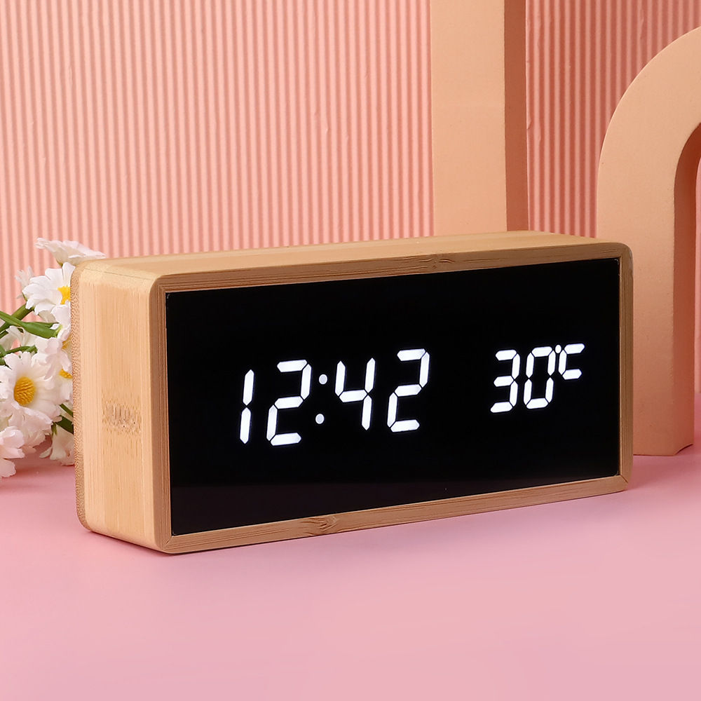 LED wooden mirror surface bamboo shell thermometer electronic clock, home living room decoration alarm clock solid wood