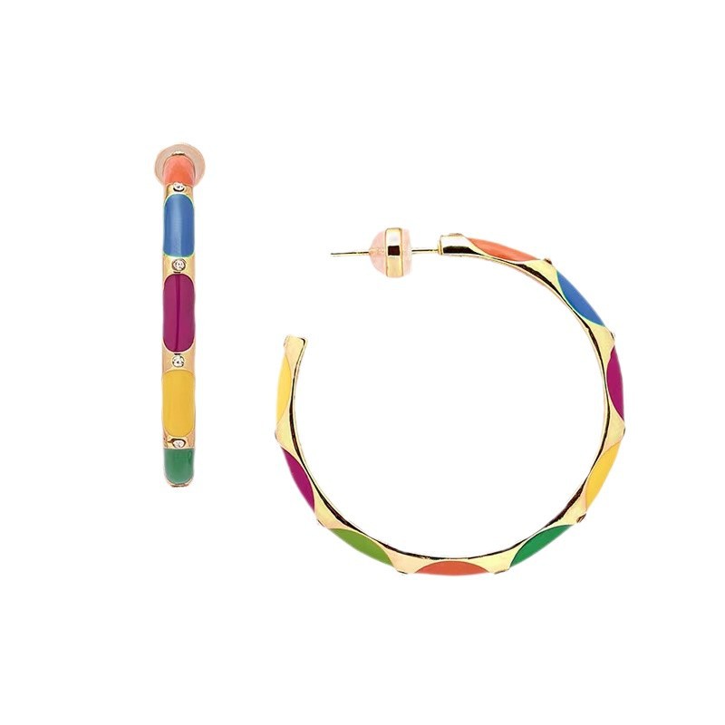 Back-and-Forth Rainbow Color Block C-Shaped Earrings Milad Style Enamel Large Circle
