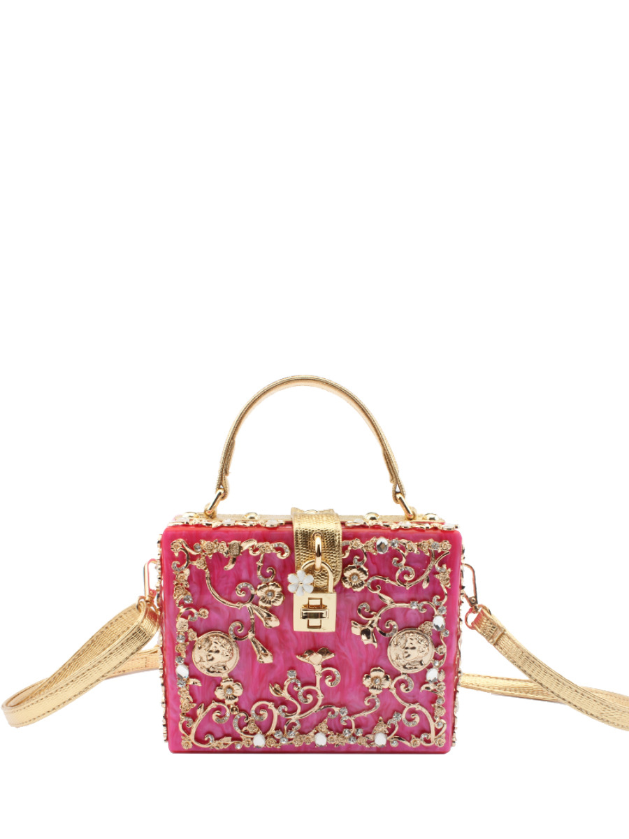 Acrylic Evening Bag Hollow Metal Carved Rhinestone Handbag Shoulder Crossbody Women's Bag