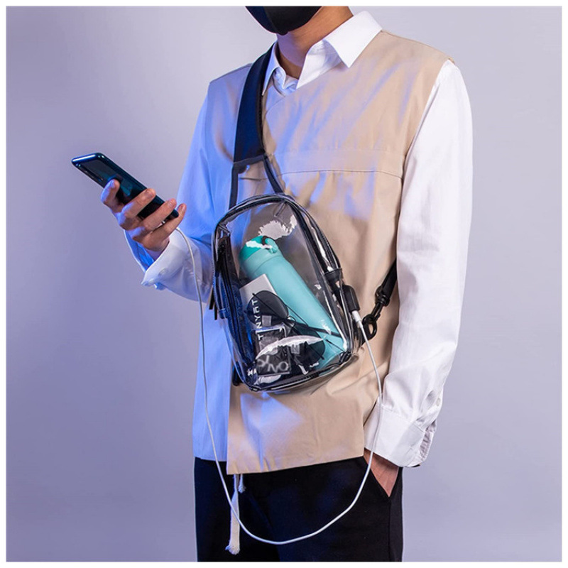 2024 New PVC Transparent with USB Charging Stadium Chest Bag Retractable Men's Women's Casual Crossbody Single