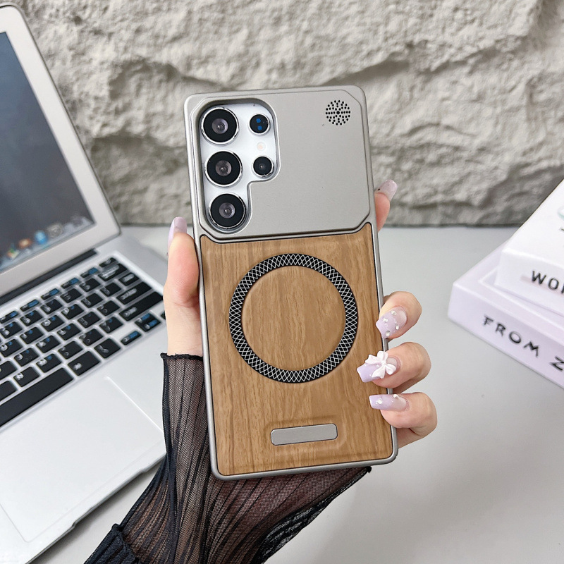 Suitable for Samsung S25Ultra Mobile Phone Case, Magnetic Wood Grain Two-In-One Half-Pack Anti-Fall S23U Protective Case S24U