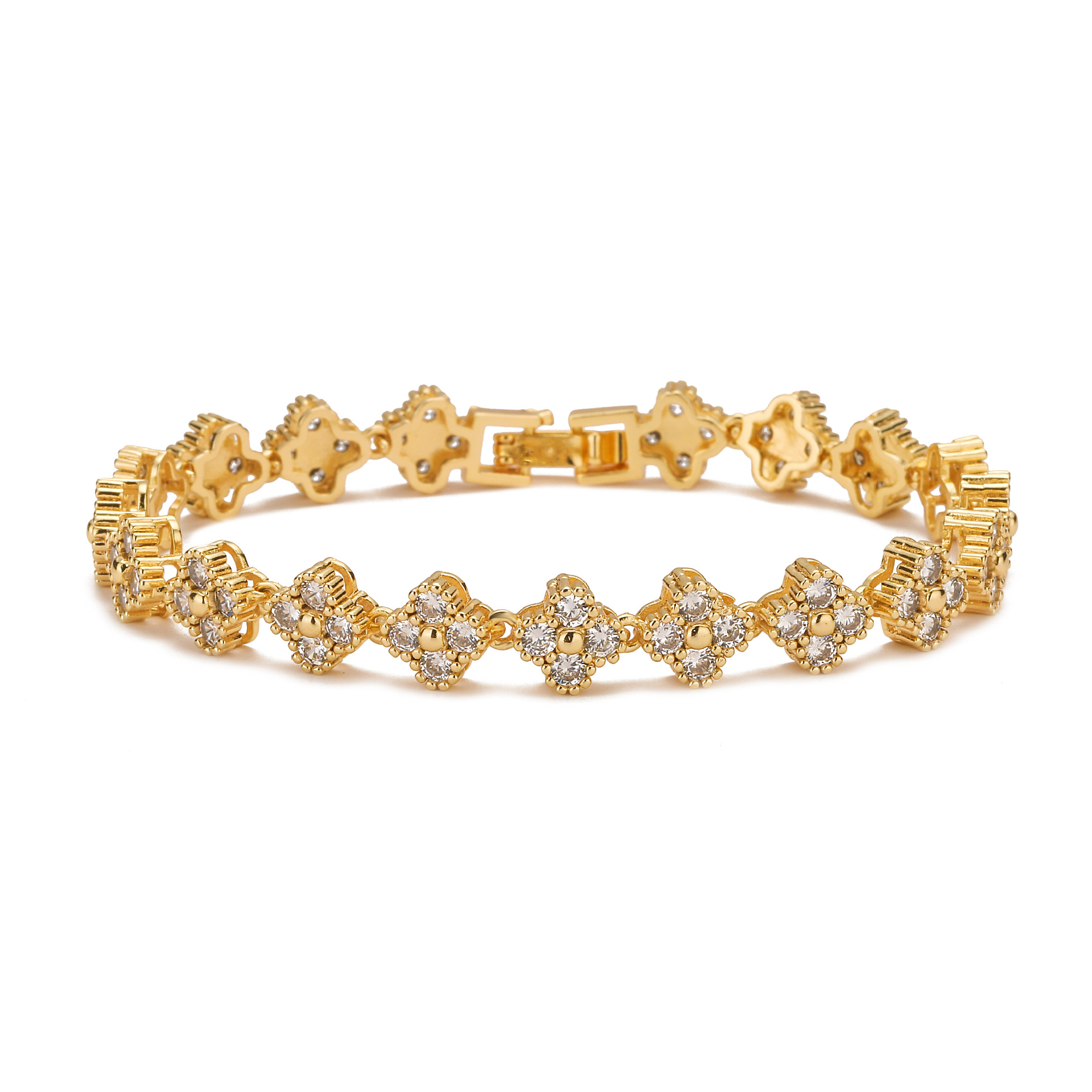 HECHENG Jewelry Copper Plated 18K Gold Inlaid Colorful Diamond Flower Bracelet, Necklace Sweet Four-Leaf Clover Jewelry Set
