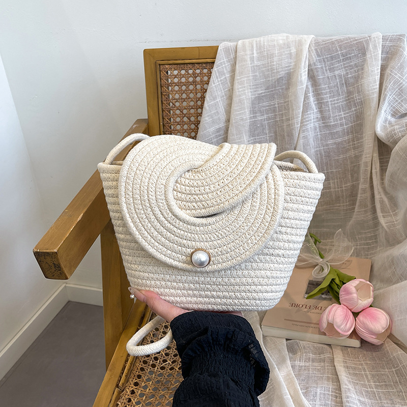 Small fresh pearl flap bag crossbody cotton rope woven bag casual shoulder straw bag mini beach bag women's bag