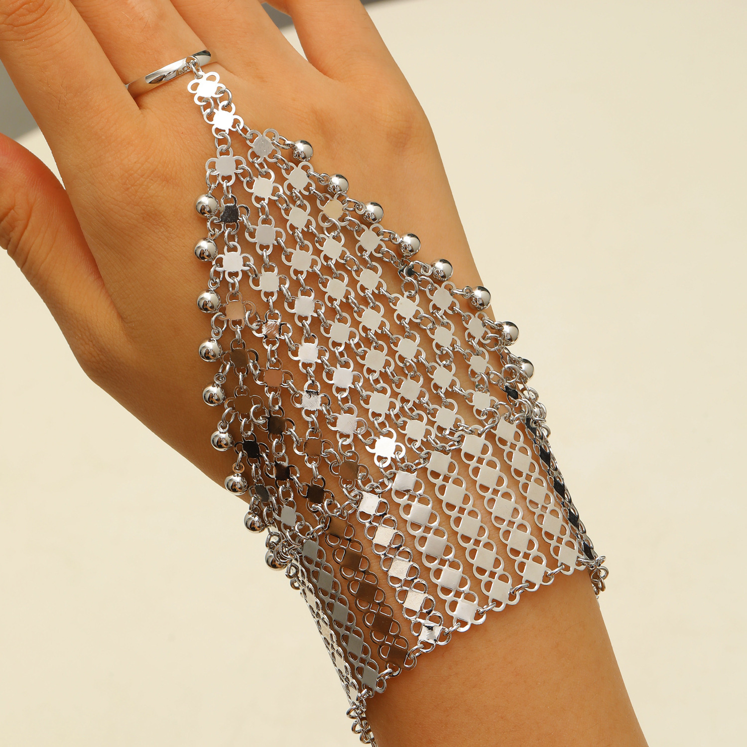Chain Ring Bracelet Butterfly Heart Pearl Connected Finger Ring Hip Hop Exaggerated One-Piece Hand Jewelry