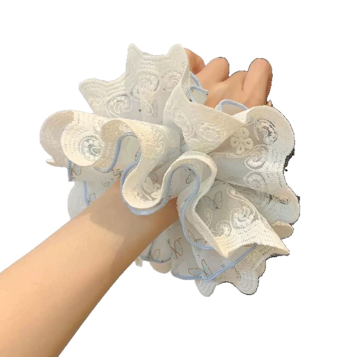 Blue butterfly lace double layer large hair scrunchie for women ponytail bun hair tie head accessory head flower