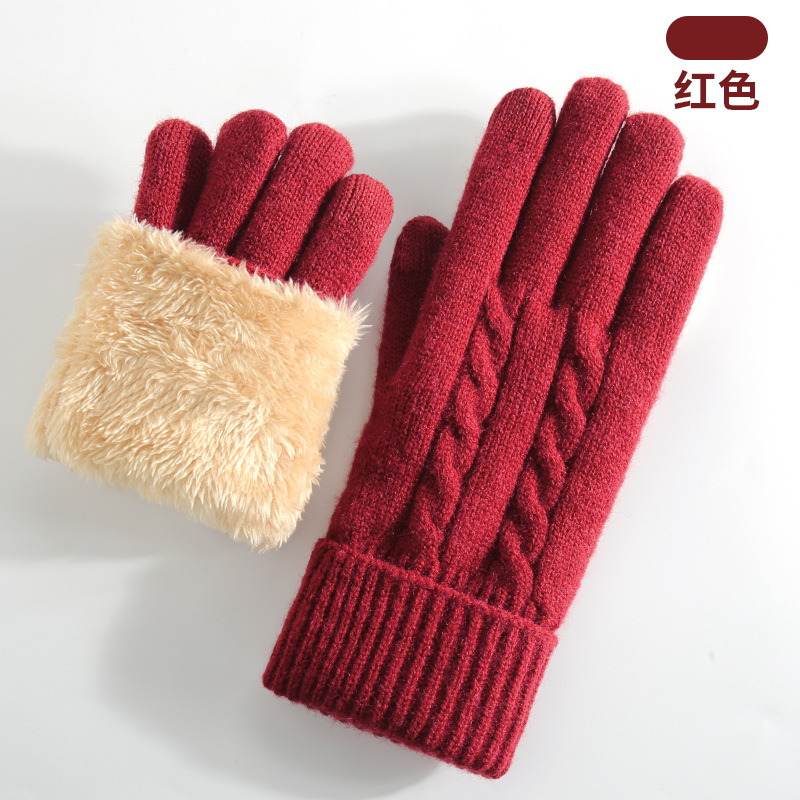 Knitted Gloves Women Winter Double-Layer Fleece-Lined Thick Warm Cold-Proof Outdoor Cycling Touchscreen Gloves