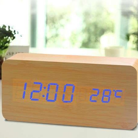 Wooden alarm clock, voice-activated night light silent temperature alarm clock, home student LED digital alarm clock