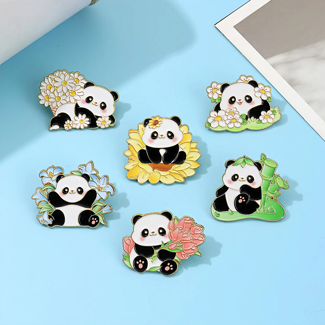 Panda Bouquet Badge Cute Cartoon Animal Flower Chengdu Tourist Gift Brooch Clothing Hat Accessory