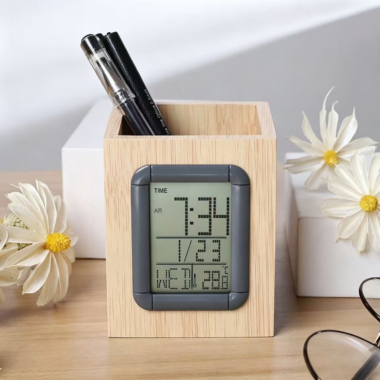 Alarm clock bamboo digital pen holder clock, snooze LED clock pen holder, student children's desktop gift clock