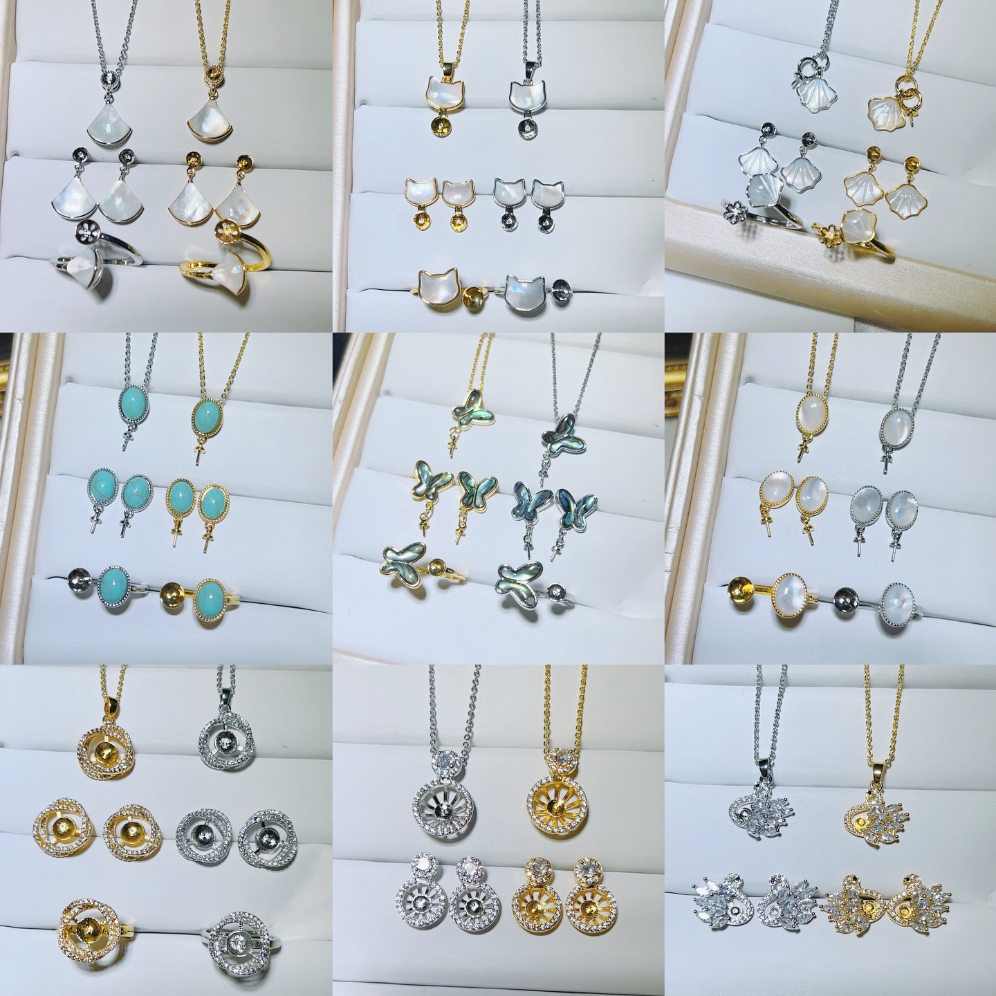 Silver Needle 18K Gold-Filled Micro-Set Zircon Triangle Earrings, Necklace, Ring Empty Mount DIY Earrings Pearl Accessories