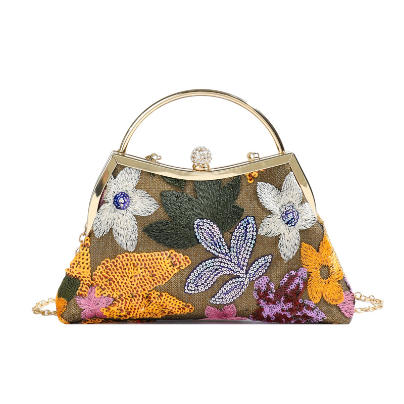 Women's Bag New Linen Bag Heavy Sequins Mesh Splicing Embroidery Clutch Evening Bag Elegant Handbag