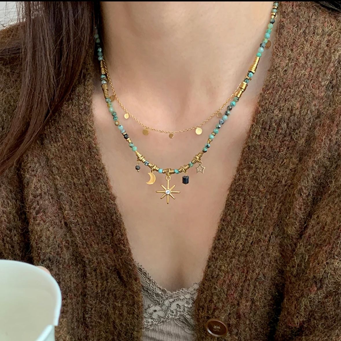 Star moon natural stone titanium steel bead necklace niche accessories women's layered wear collarbone chain accessories