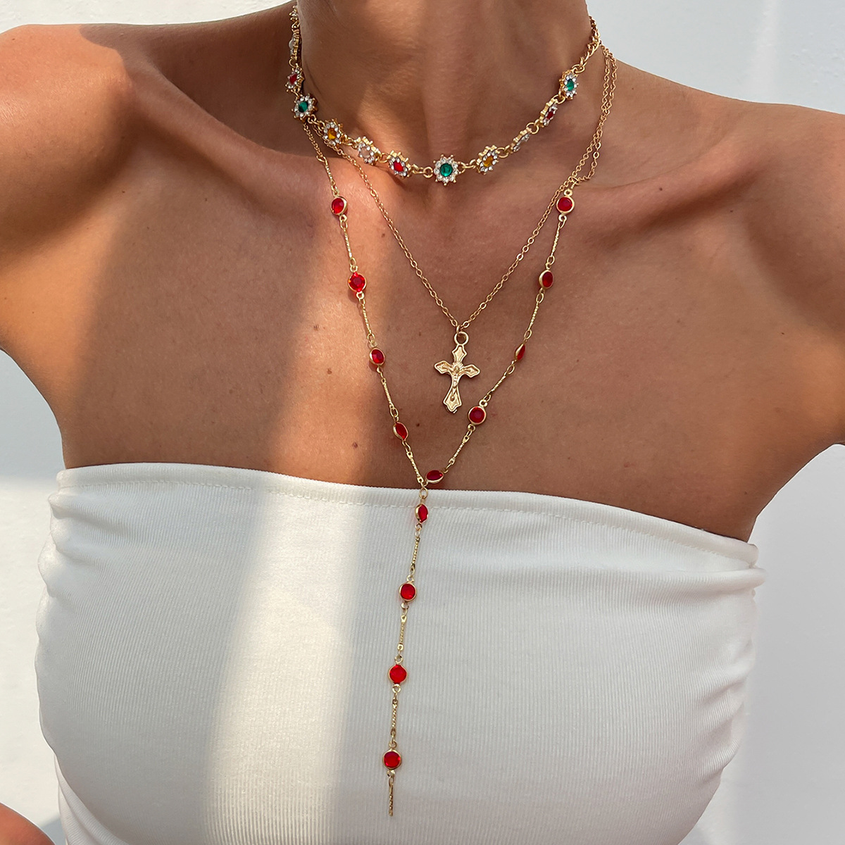 Jewelry 3-piece set rhinestone cross chain necklace set small flower crystal copper-clad iron chain neck chain
