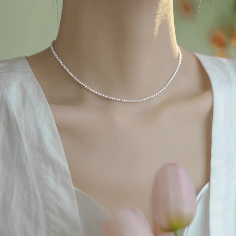 2mm extra small round round flawless strong light pearl sterling silver necklace women's fine clavicle chain 2024