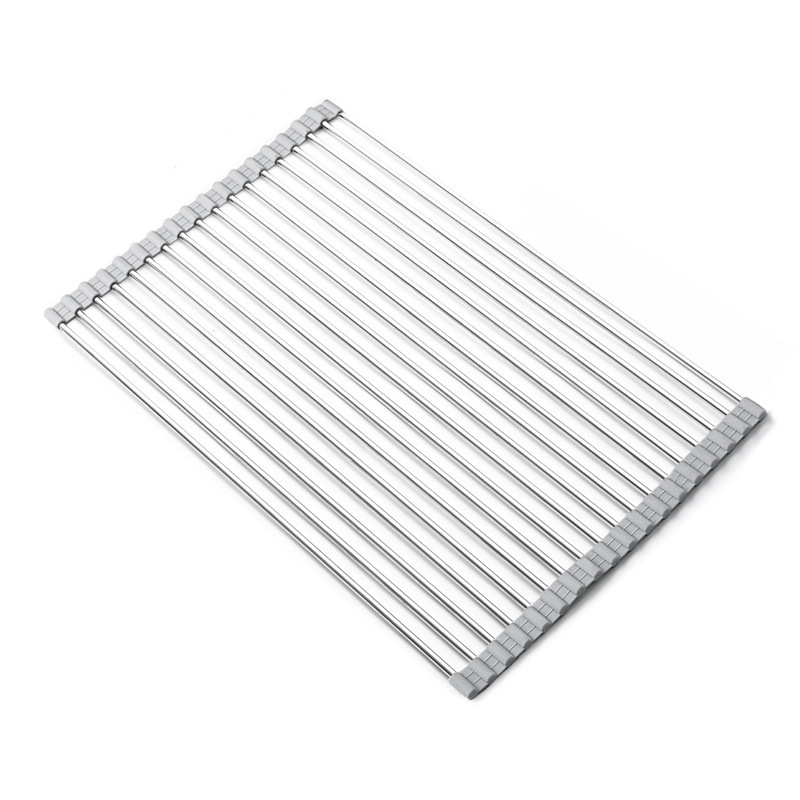 304 Stainless Steel Drain Roller Kitchen Sink Dish Drying Rack Foldable Drain Rack Anti-mold Silicone Shelf