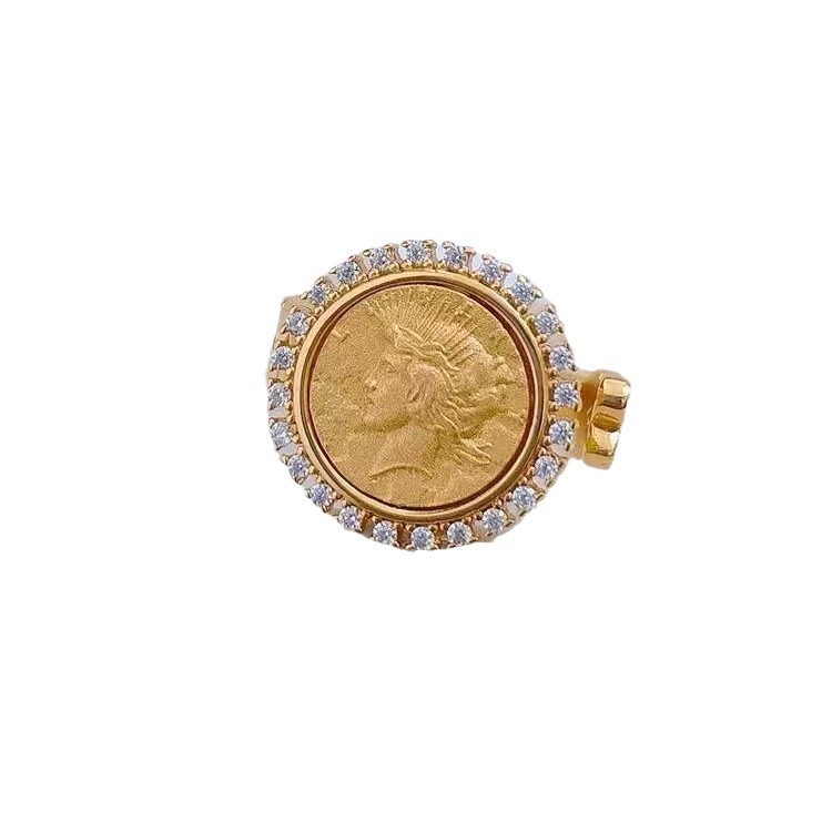 Metal-Set Diamond Portrait Coin Open Ring Queen Gold Coin
