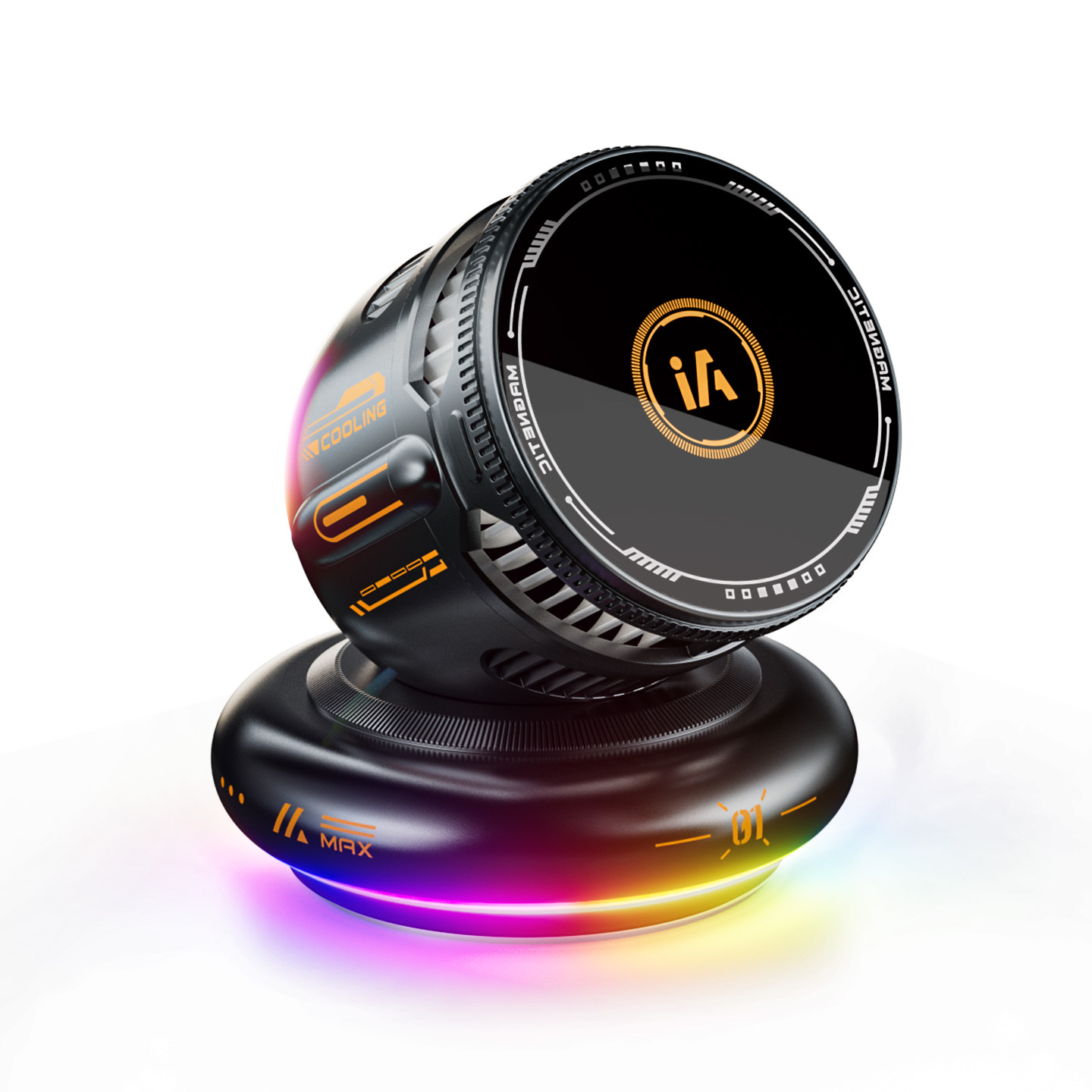 New Car Magnetic Phone Holder 15W Wireless Charging Ice Cooling Fan Heat Dissipation RGB Atmosphere Light
