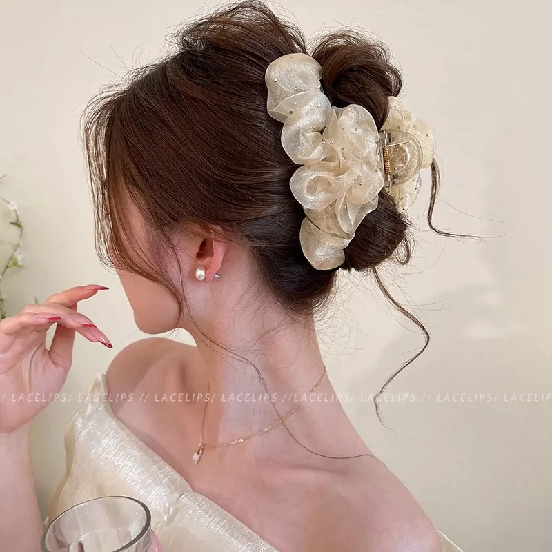 48#【米杏色】透明网纱闪钻云朵约13cm