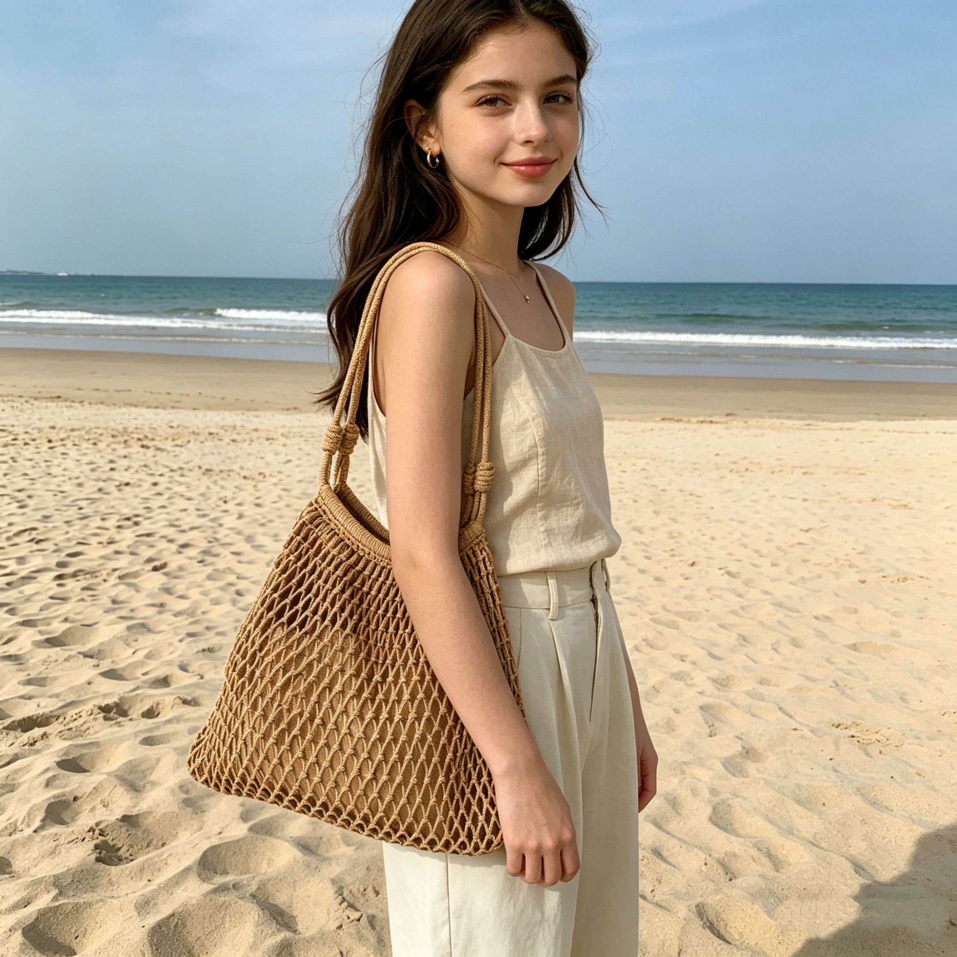 Hand-woven cotton fishing net bag, hollow mesh tote bag, large capacity tote bag, vacation style beach bag