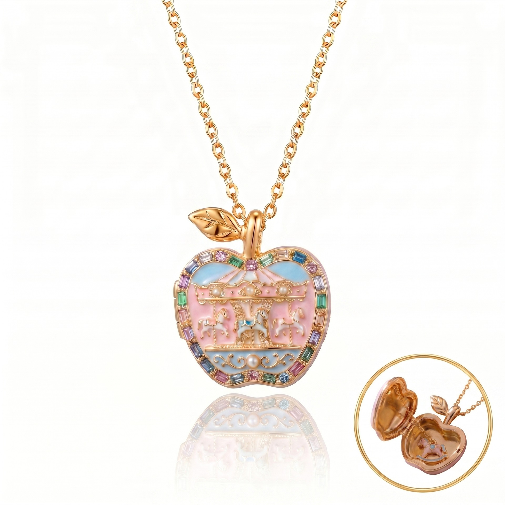 Pink-gold apple openable photo frame necklace, cute ballet style for girls, niche popular gift necklace