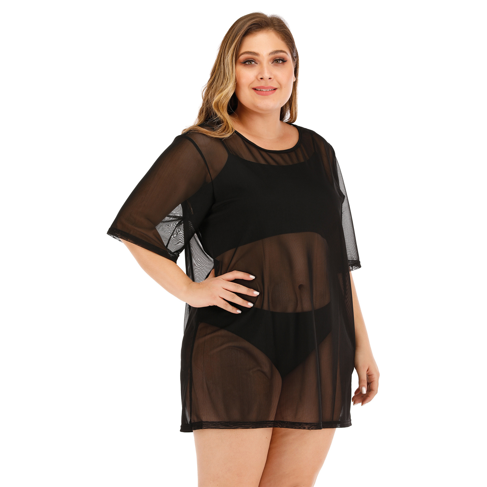 Plus Size Women's Sexy Sheer Mesh Beach Skirt Bikini Cover-Up Dress F1420
