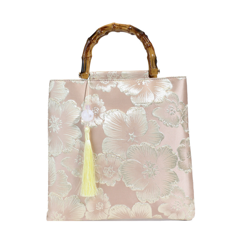 New Linen Bamboo Knot Handle Bag 2024 New Women's Bag Embroidery Sequins Women's Handbag Evening Bag