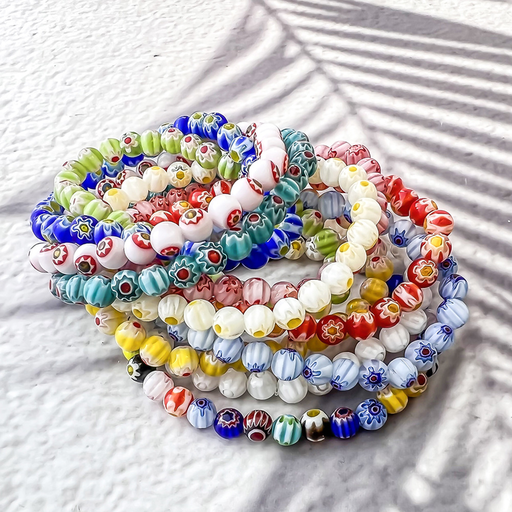 Dopamine-Style Handcrafted Glass Bead Stretch Bracelet with Daisy Pattern for Women—Layered Bracelet Set