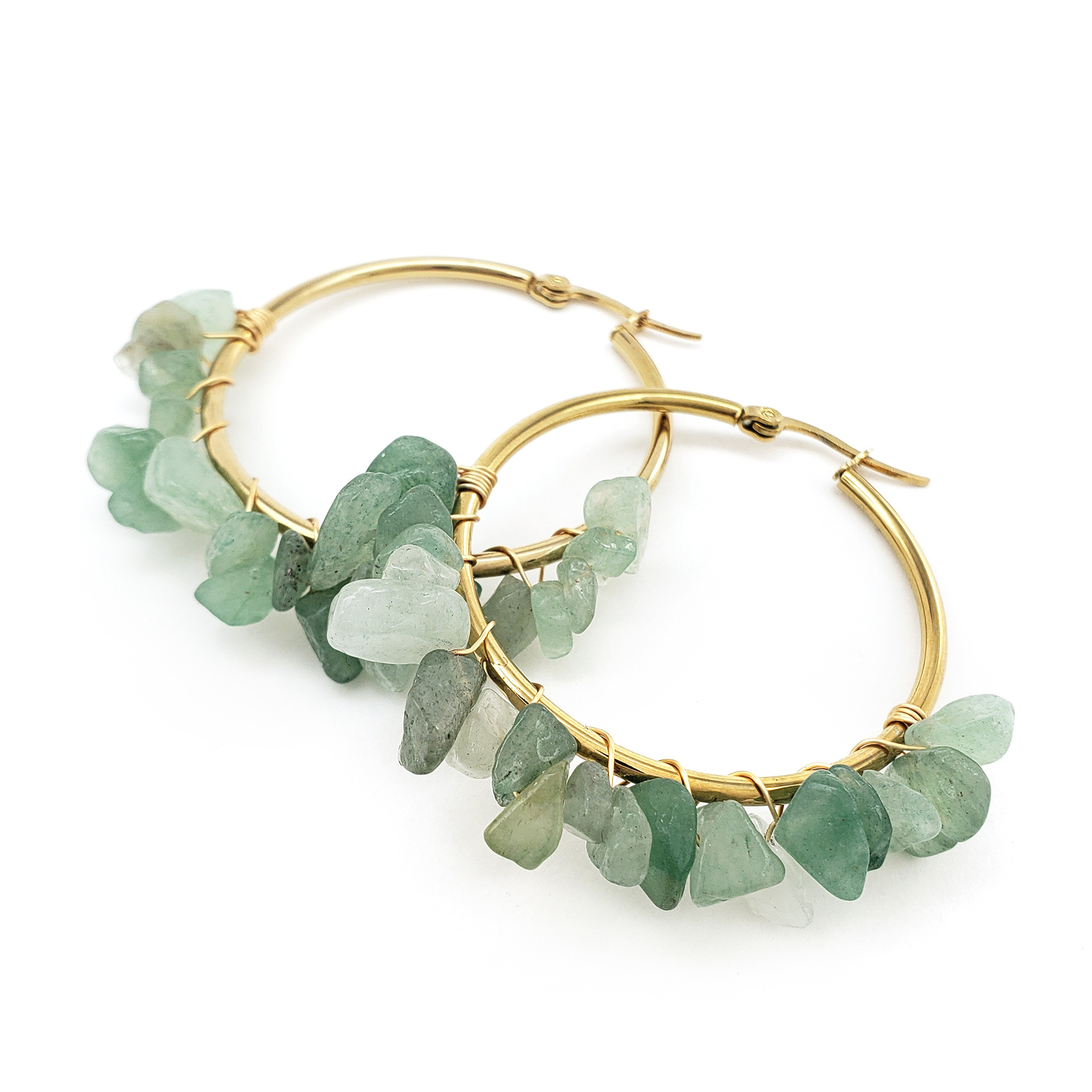 Large Circle Natural Crystal Raw Stone Earrings Hand-wrapped Green Donglin Stone Women's Commute Stainless Steel Earrings
