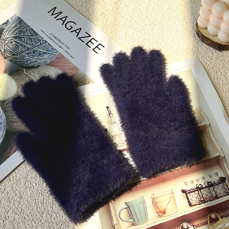 Women's Winter Warm Knitted Gloves for Students, Cycling, Fingerless, Solid Color, Imitation Rabbit Fur, Touchscreen