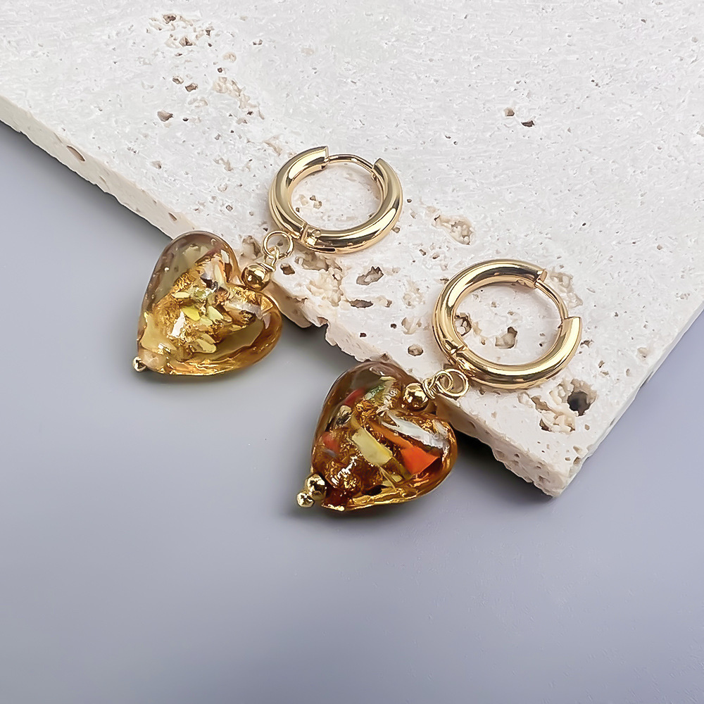Stainless steel palace girl style gold foil colored琉璃 heart earrings gorgeous style earrings