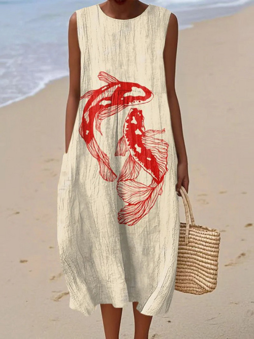 New Amazon Summer Sleeveless Pocket Casual Printed Long Dress Slim Fresh Style