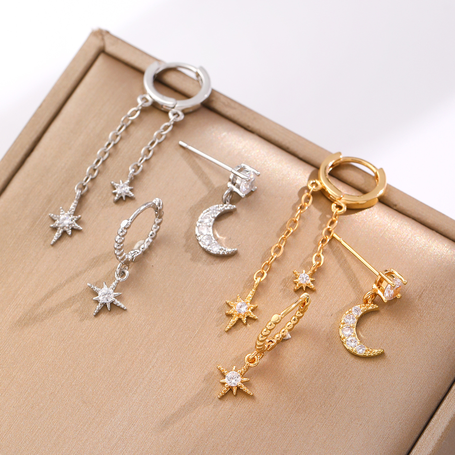Star Moon Asymmetrical Earring Three-Piece Set Zircon Ear Stud Ear Cuff
