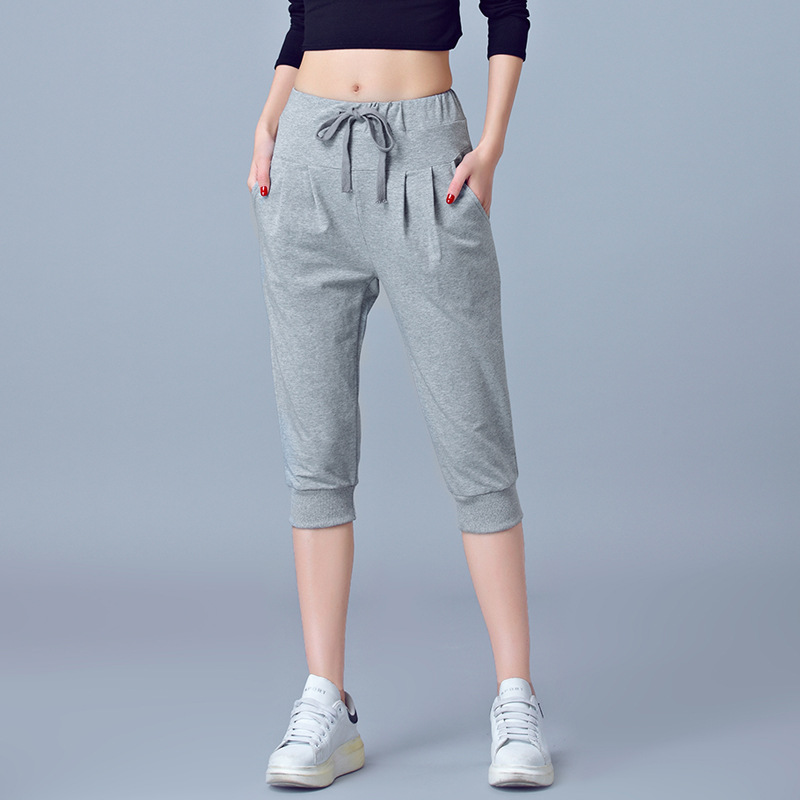 High waist elastic seven-tenths pants women summer thin sports pants loose harem pants 200 jin fat mm plus size casual women pants