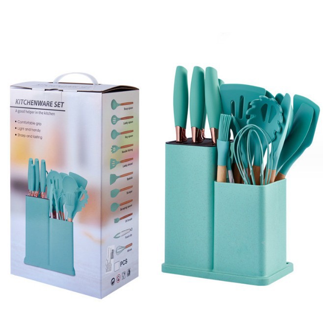 19-piece silicone kitchen utensil set with knife, silicone combination kitchen utensils 19-piece double-barrel straw silicone kitchen utensil set with knife