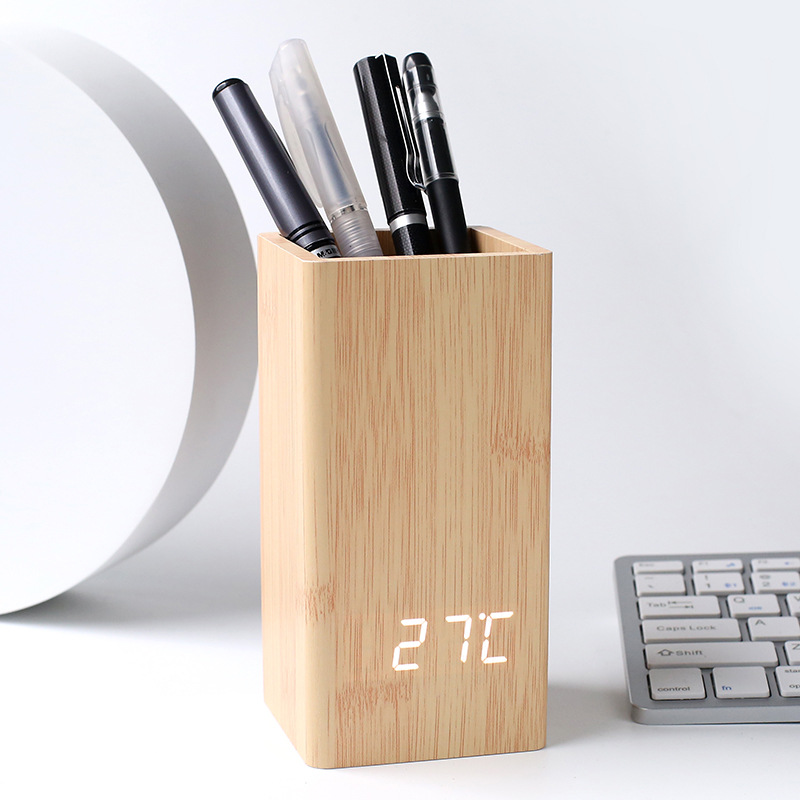 Factory sale office desk storage pen holder wooden clock, desktop silent electronic clock, LED time voice-activated alarm clock