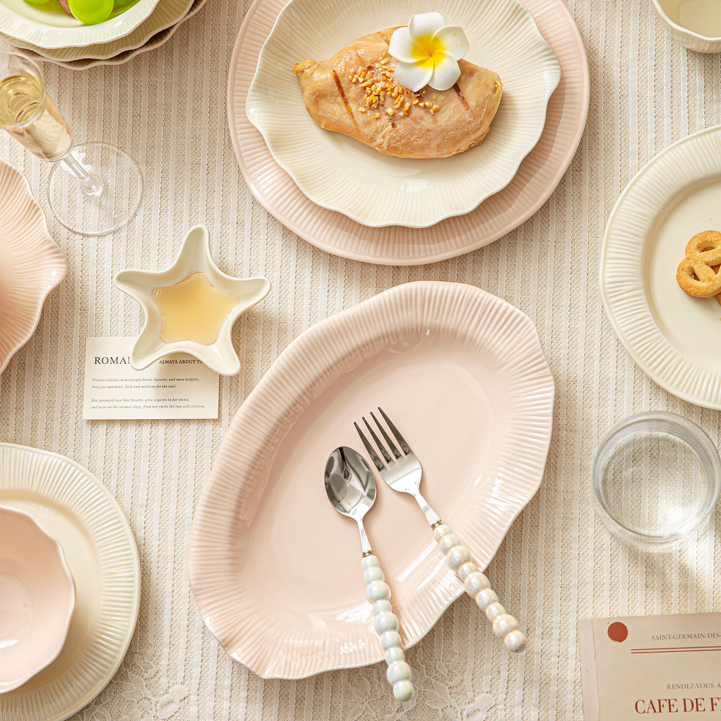 Ceramic bowl plate dish set cream style simple home rice bowl vegetable plate cup bowl chopsticks combination bowl