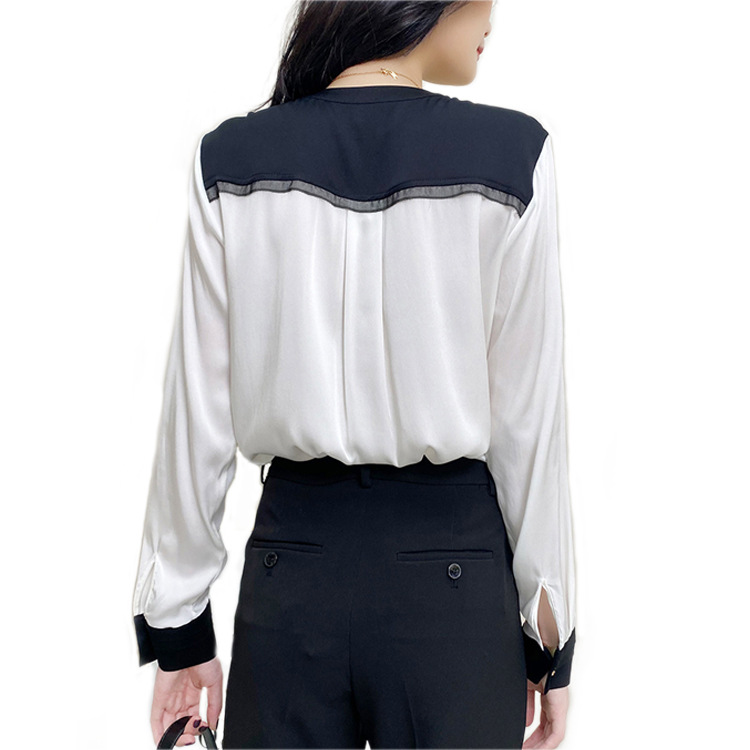2026 Early Autumn S618 Heavyweight Mulberry Silk Shirt Top Women Long Sleeve V-Neck Black and White Contrast