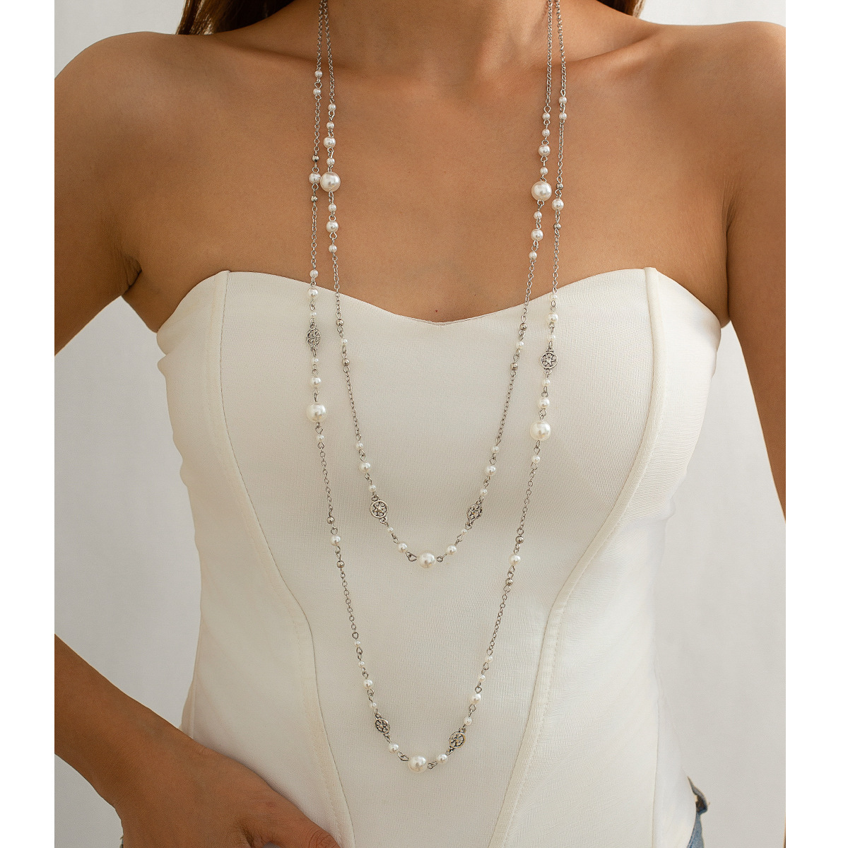 Faux pearl layered long necklace for women ethnic style star tassel sweater chain