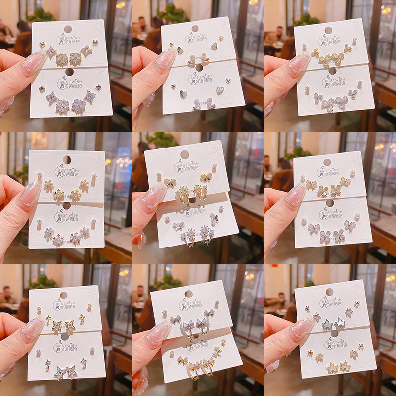 2025 silver needle thick gold electroplated exquisite zircon small earrings 6-piece set three pairs, wind earring accessories