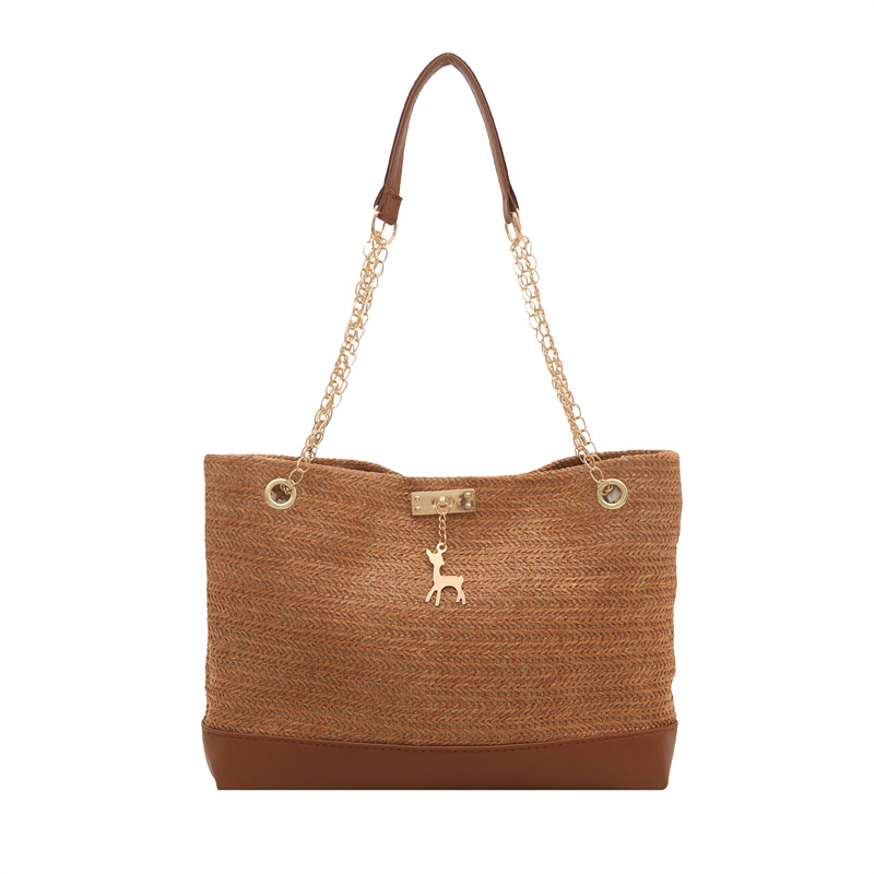 2026 New Straw Woven Tote Bag Women Summer Large Capacity Chain Woven Single Shoulder Bag Commuter Vacation Beach Bag