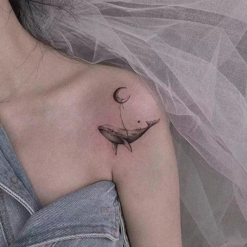 Fresh Moon Whale Little Tiger Tattoo Sticker Cute Cartoon Collarbone Men Women Semi Permanent