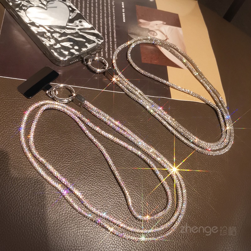 Diagonal full diamond hanging chain women's phone lanyard long back strap metal clip Nordic small fragrance style