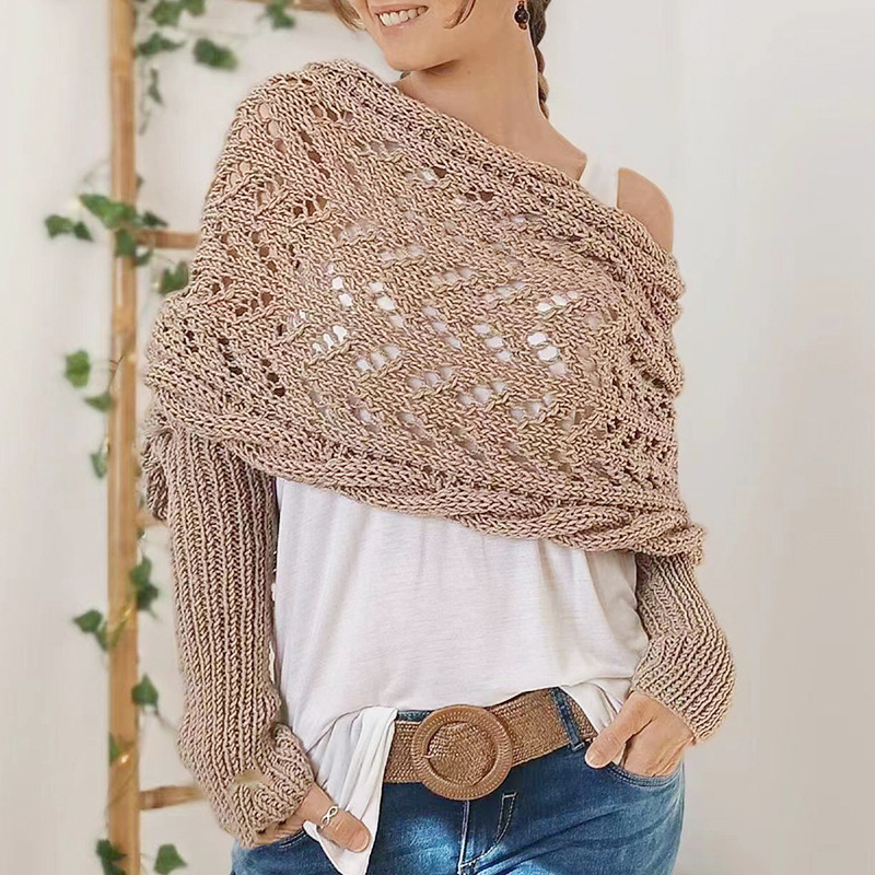 Cross off-shoulder beautiful knitted hollow long-sleeved double-sleeve shawl outer cardigan women