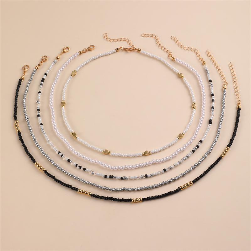 5-piece Set Random Seed Bead Heart Necklace Set Beach Season Seaside Party Women's Neck Accessory