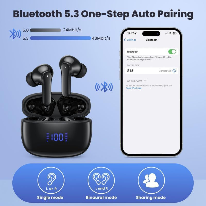 IVANTE Private Mold S18 Quad-Mic ENC Call Noise Reduction Low Latency Battery Display TWS In-Ear Bluetooth Headphones